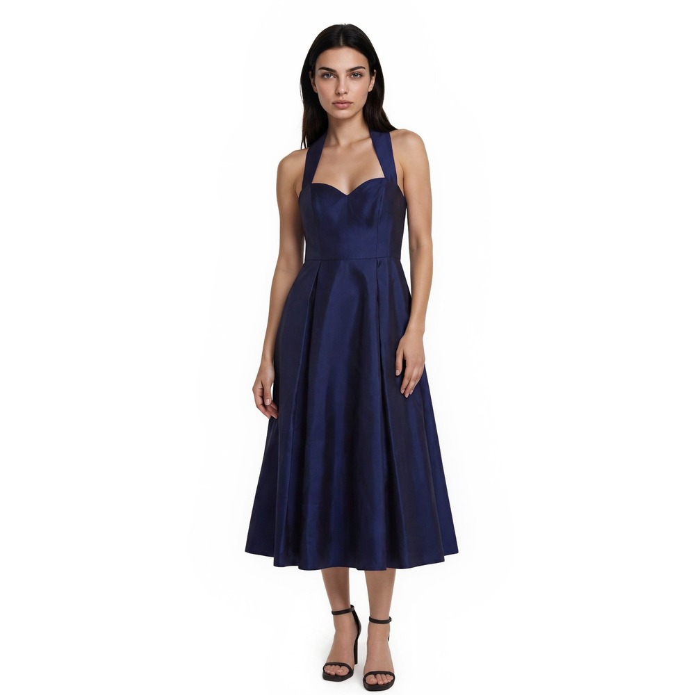 Adrianna Papell Midi Dress Women's Size 4 Blue Mikado Fit & Flare Cutout Pockets